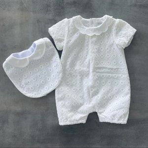 Eyelit white outfit with matching bib from London